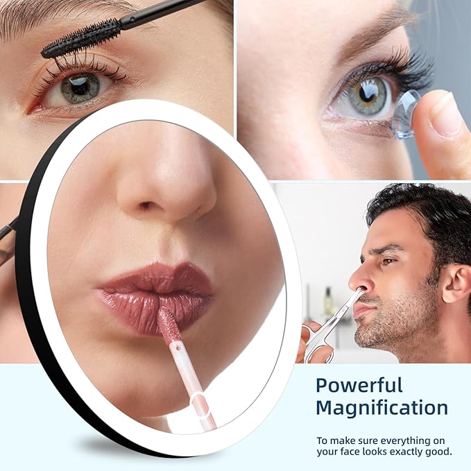 30x Lighted Magnifying Mirror with Suction Cups, Large 6'' Magnified Mirror with Light High Magnification Travel Makeup Mirror, Rechargeable Battery, 3 Colors Dimming Light, with Tweezers &Scissors