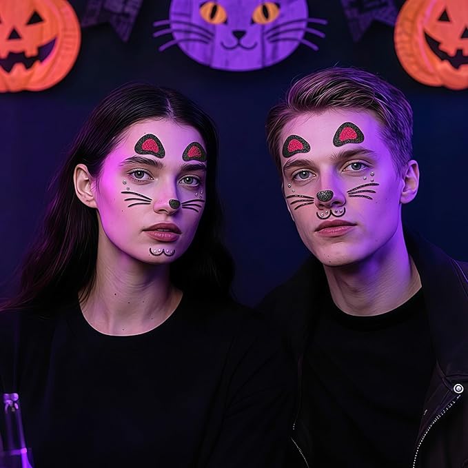 Face Stickers Gems Halloween Temporary Tattoo Sticker Animals Face Sticker Decal Body Face Self-adhesive Sticker Stage Makeup Party Cosplay Decoration 2pcs (cat)