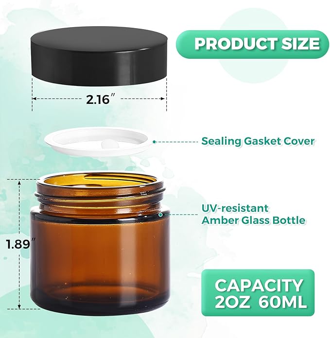 Amber Glass Jars with lids, 24 Pack 2oz Empty Cosmetic Jars, Refillable Airtight Wide Mouth Container for DIY, Sample, Cream, Lotion, Candle Making, Powder, Cosmetic