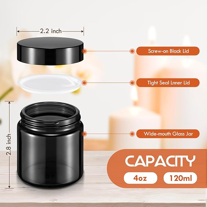 Norme 36 Pcs 4 oz Glass Jars with Lids Leakproof Round Airtight Empty Cosmetic Jars with Inner Liners Lid for Storing Lotions Powder Ointments Candle Making Tins (Black)