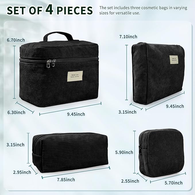 4 Pcs Makeup Bag for Women Corduroy Cosmetic Bag Aesthetic Cute Bags Multi Size Purse Pouch Travel Toiletry Bag Set Makeup Organizer with Zipper(Black)