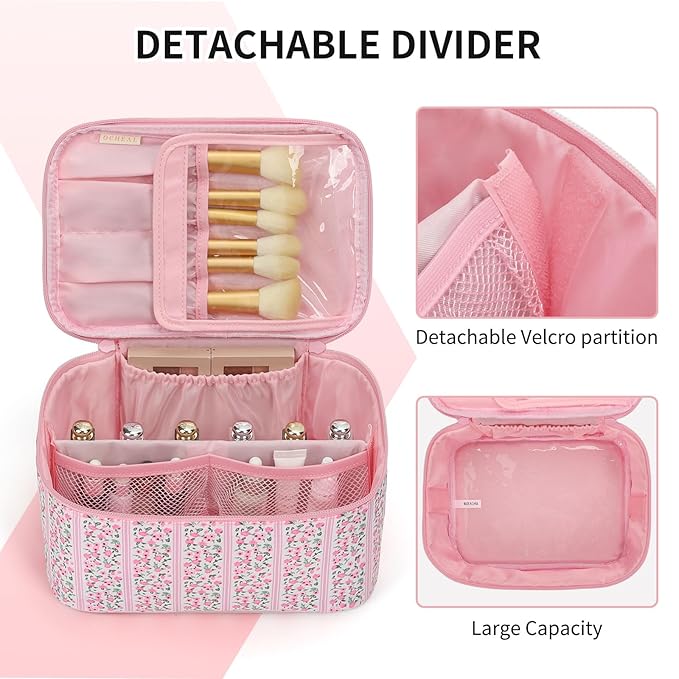 OCHEAL Makeup Bag for Women - Travel Cosmetic Organizer with Brush Slot & Divider, Large Capacity Toiletry Bag for Girls, Travel Makeup Case for everyday Make up Accessories -Pink Floral