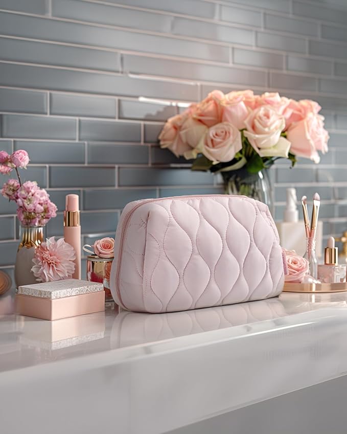 BAGSMART Makeup Bag, Travel Cosmetic Bag, Puffy Padded Make Up Bag for Women, Makeup Organizer Case, Wide-open Pouch Purse, Travel Essentials, Toiletries Accessories Brushes, Camel(Khaki)