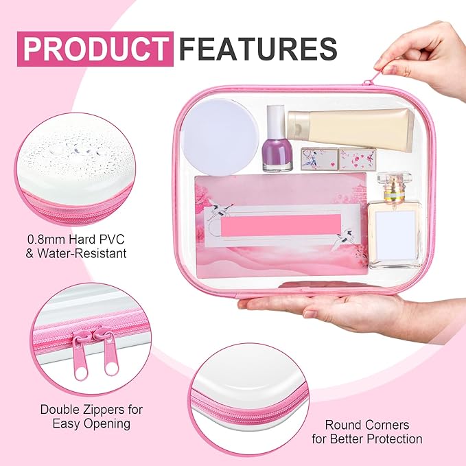 Sanwuta 6 Pcs Clear Hard Zipper Case Pencil Pouches Hard Plastic Zipper Pouches Makeup Bag Transparent Cases for Snacks Plastic Storage Organizer Box for Travel(Pink,9.84 x 7.87 x 2 Inch)