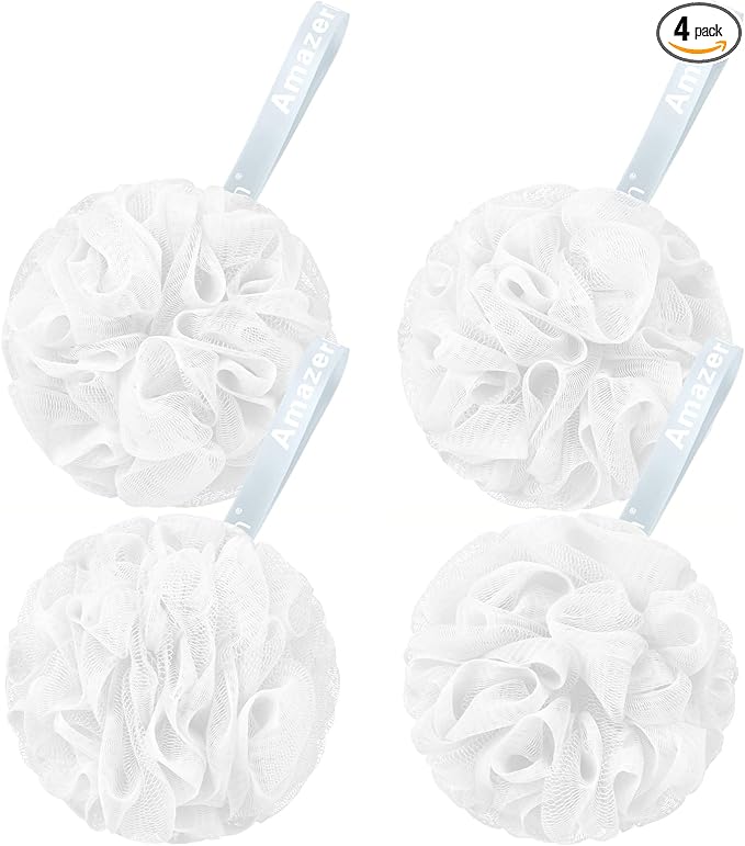 AmazerBath Loofah Sponge 60g/Piece, Exfoliating Bath Sponge Body Scrubber - Loofa Set of 4 - Snow White
