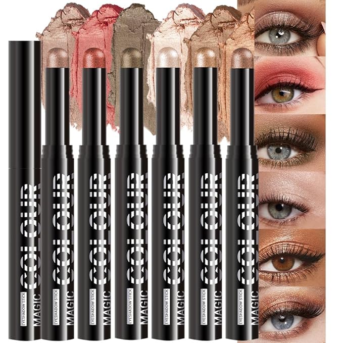 6Pcs Cream Eye Shadow Sticks Makeup for Women, Nuetral Nude Red Metallic Dark Kakhi Green Beige Brown Rosy Brown Shimmer Matte Eye Shadow Brightener Stick for Eyes, Waterproof Eyeshadow Pencil Set02