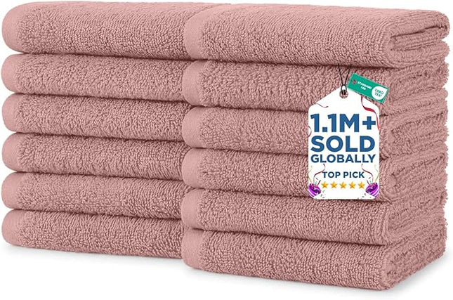 DAN RIVER 12 Pack Wash Cloths for Showering [12x12] - 100% Cotton Washcloths Premium Quality Flannel Face Cloths for Bathroom, Highly Absorbent and Soft Feel Wash Clothes, Dusty Pink