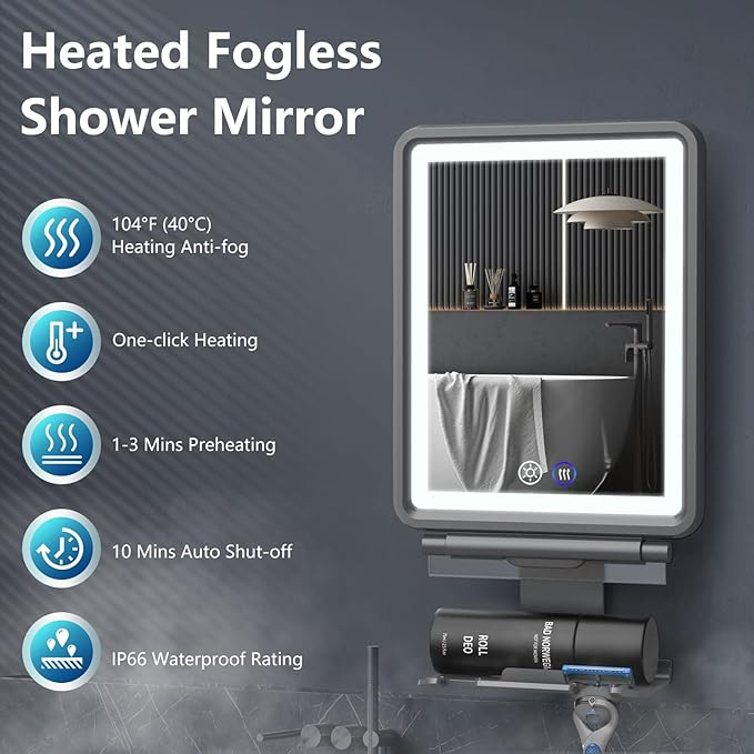 Heated Shower Mirror Fogless for Shaving, 3 Colors Stepless Dimmable Lights Fogless Mirror for Shower, Rechargeable Anti Fog Shaving Mirror with Razor Holder for Men, Light Memory Function, Gray