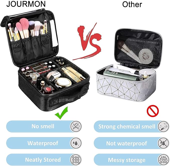 JOURMON Travel Makeup Bag, Large Capacity Cosmetic Train Case for Women Portable Pouch Open Flat Artist Brushes Toiletry Jewelry Digital Organizer Storage Bag with Adjustable Dividers (Black,S)