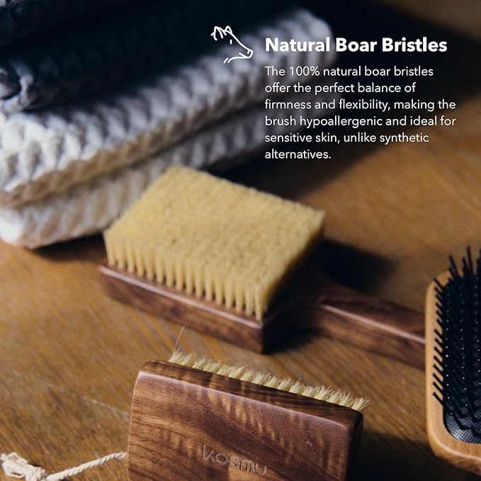 Luxury Natural Walnut Wood Boar Bristle Body Brush | Exfoliating & Detoxifying for All Skin Type | Sweeps Away Dead Skin Cells for Luminous, Smooth Skin | for Wet and Dry Use (Long Handle)