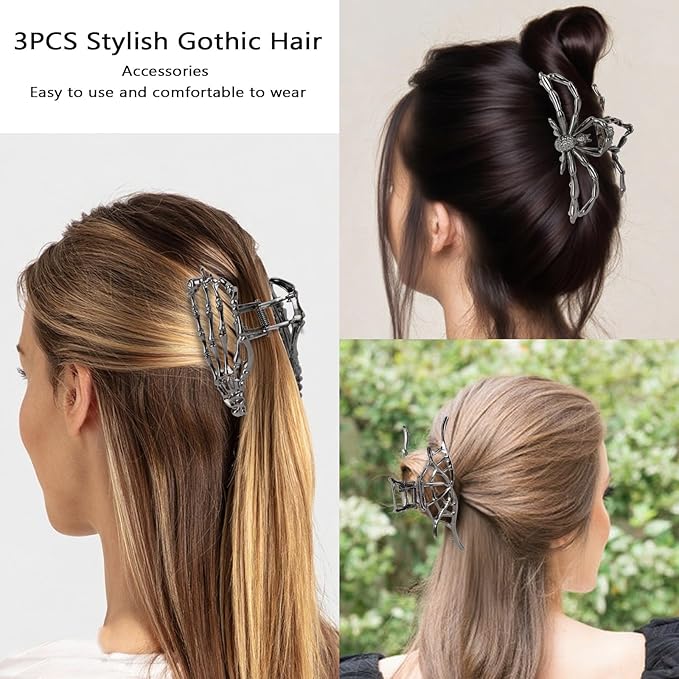 3PCS Black Spider Hair Claw Clips for Women Mental Gothic Claw Clips for Styling Strong Hold Hair Accessories for Halloween Party Gifts