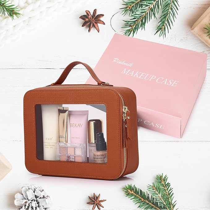Pinkmik Clear Makeup Bag Waterproof Travel Case for Cosmetics and Toiletries Women's Makeup Organizer and Car Bag with Zipper (X/Brown, L)
