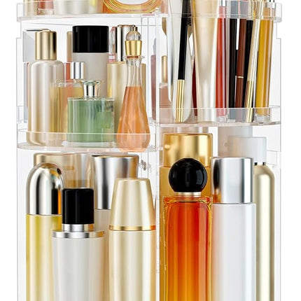 Makeup Organizer 360 rotating, Adjustable Skincare Organizer with Brush Holder, Cosmetics Display Cases for Vanity Bathroom Countertop Large Capacity Carousel Make up Caddy Shelf (Transparent)