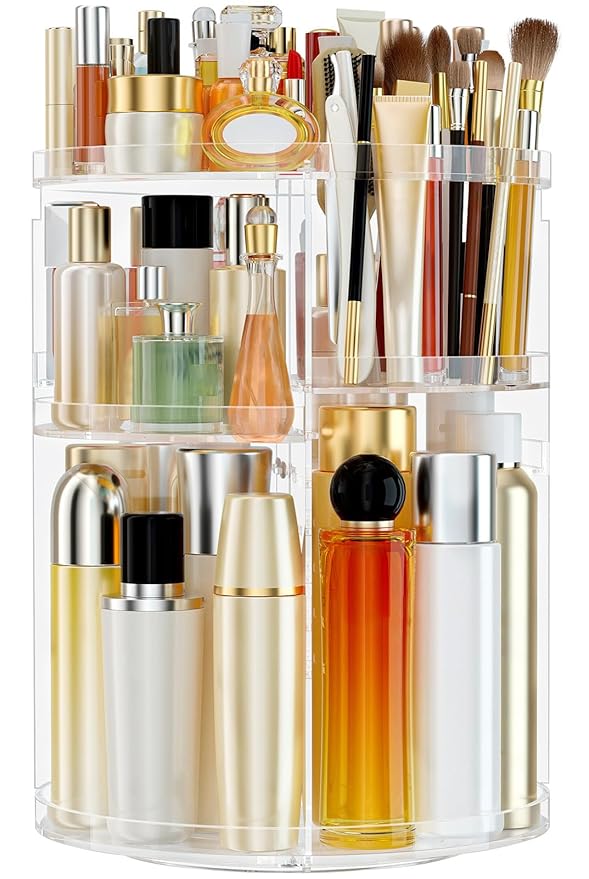 Makeup Organizer 360 rotating, Adjustable Skincare Organizer with Brush Holder, Cosmetics Display Cases for Vanity Bathroom Countertop Large Capacity Carousel Make up Caddy Shelf (Transparent)