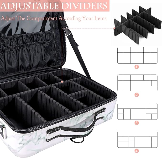 Travel Makeup Bag 3 Layers PU Leather Large Makeup Train Case Professional Cosmetic Bag Organizer Storage Artist Bag with Adjustable Strap Marble Pattern