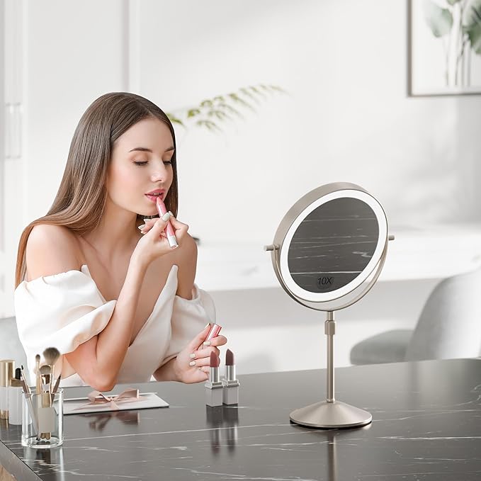 Garvee Lighted Makeup Mirror, Rechargeable Height Adjustable Double Sided Vanity Mirror, 1x/10x True HD Magnifying, Brightness Adjustable, Three Colors, 360° Rotation Vanity, Gift for Women, Nickel