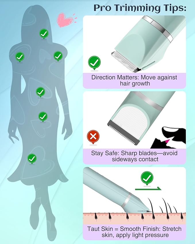 Waterproof Bikini Trimmer Women Electric Razor for Pubic Hair Women's Foil Shaver Rechargeable Shaver Removal with Snap-in Ceramic Blades IP7X Washable Head,Wet and Dry Use,Green