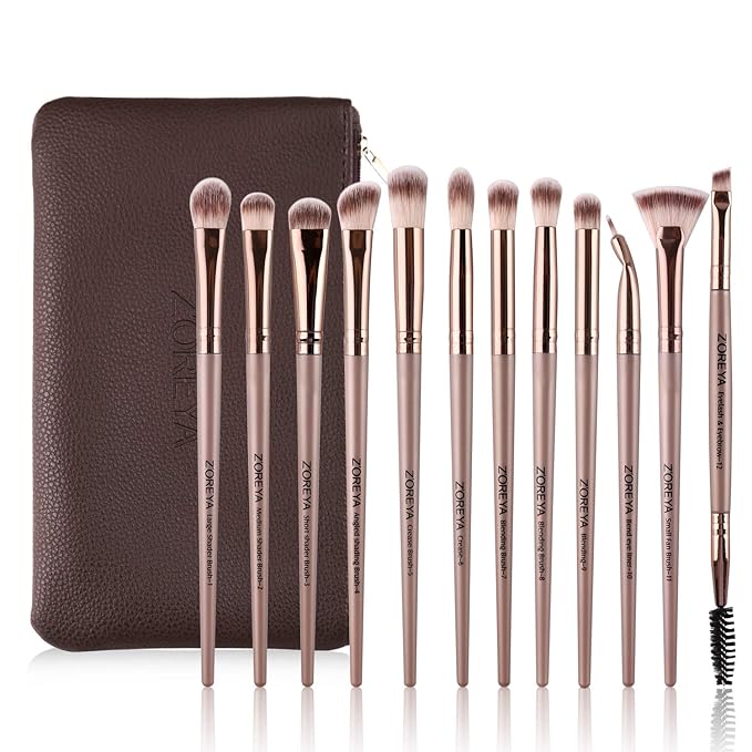 Z'OREYA Eye Makeup Brushes, 12 Pcs Professional Eye Brush Set Eyeshadow, Eyebrow, Blending, Fan, Eyelash Brush Set With Carrying Bag(Champagne Gold)