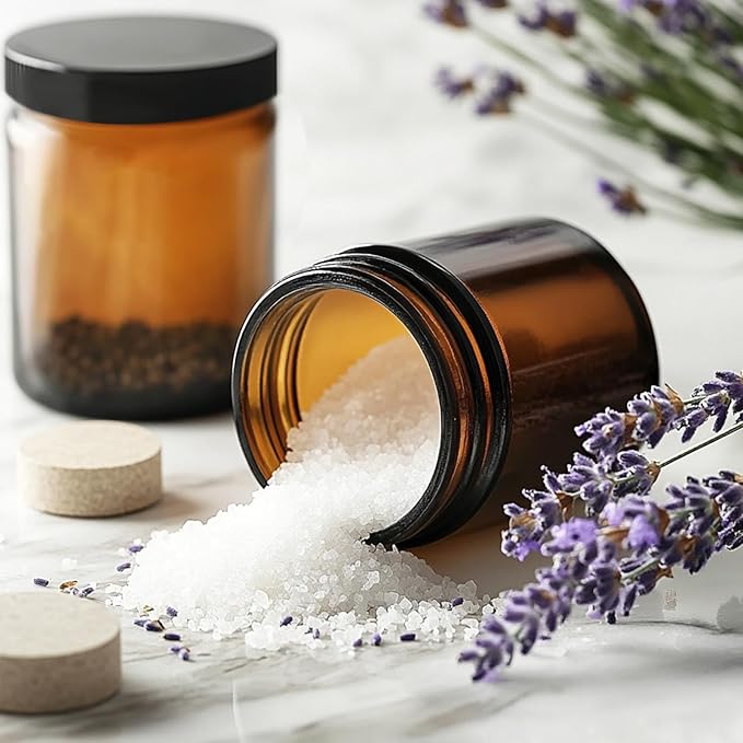 12 Pack 8 oz Amber Plastic Jars with Lids and Labels, Refillable Round Empty Brown Cosmetic Containers, Reusable Leak Proof Airtight Jars for Lotion Cream Body Butter Ointment Travel Storage