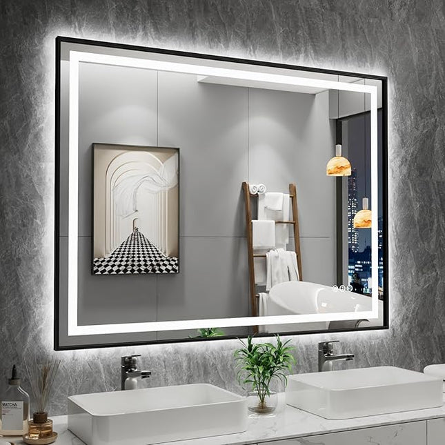 Amorho 40" X30" LED Bathroom Mirror with Black Frame, Front Light and Backlit, Stepless Dimmable, Anti-Fog, Shatter-Proof, Memory, 3 Colors, Double LED Vanity Mirror