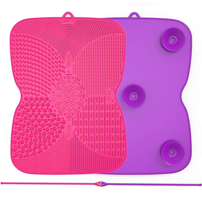2 Pack Silicone Makeup Brush Cleaner Pad with Suction Cup, 8 Textures, Stable, YalsFTY Makeup Brush Cleaning Mat with Suction Cup (Rose and Purple)