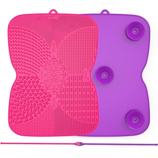 2 Pack Silicone Makeup Brush Cleaner Pad with Suction Cup, 8 Textures, Stable, YalsFTY Makeup Brush Cleaning Mat with Suction Cup (Rose and Purple)