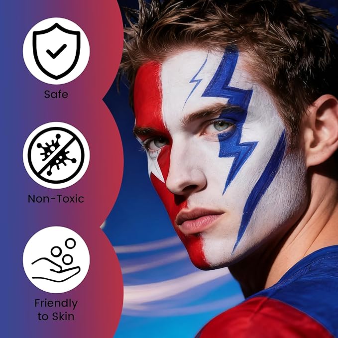 Red White Blue US Flag Oil Based Face Paint Kit with Painting Brushes, Full Coverage Greasepaint for 4th of July USA Independence Day America's Patriotic Veterans Events,Halloween Joker Cosplay