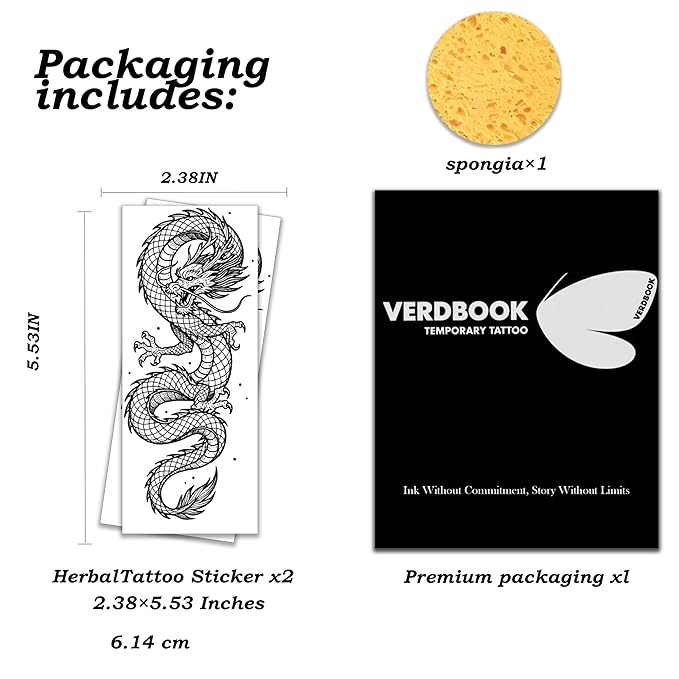 Waterproof Temporary Tattoos: 2-Sheet Tattoo Kit with Realistic Body Stickers, Semi-Permanent Tattoos for Adults Lasting 7-15 Days – Safe for Men & Women, Grid Dragon Pattern