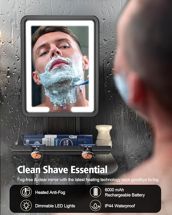 Lighted Shower Mirror Fogless for Shaving, Heated Fogless Shower Mirror with 3 Colors Stepless Dimmable Lights, Rechargeable Adjustable Shaving Mirror with Razor Stand, Brush Holder for Men