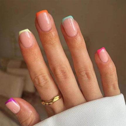 Colorful French Tip Press on Nails Short Square Cute Rainbow Fake Nails Press ons Glossy Full Cover Glue on Nails Natural Nude False Nails Acrylic Stick on Nails for Women Girls 24 Pcs