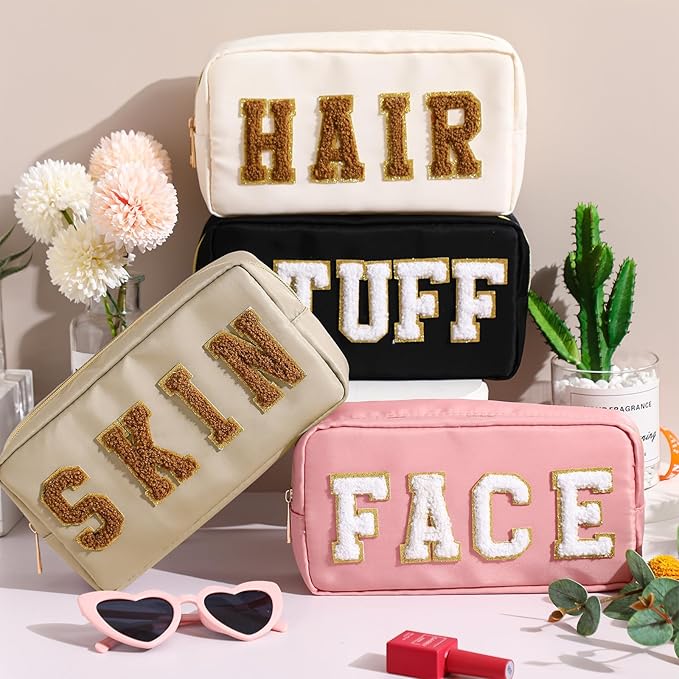 Cunno 4 Pcs Preppy Makeup Bags Chenille Letter Stuff Bag Nylon Cosmetic Pouch Cases with Zipper for Women Travel Toiletry