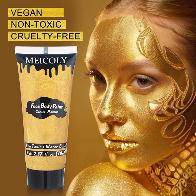 MEICOLY Cream Metallic Gold Face Body Paint,2.37Oz Large Tube Water Based Full Body Paint,Professional Gold Face Paint for Halloween Stage SFX Special Effects Cosplay Makeup
