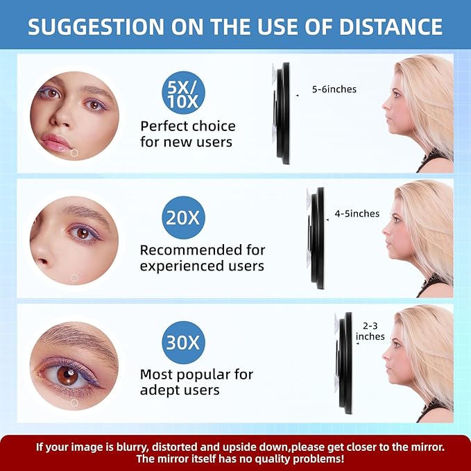 30X Magnifying Mirror with Lights, 6inch Makeup Magnifying Mirror, Travel 30x High Magnification with 3 Color Dimmable Lights - 3 Suction Cups & Adjustable Stand, for Detailed Makeup/Shaving