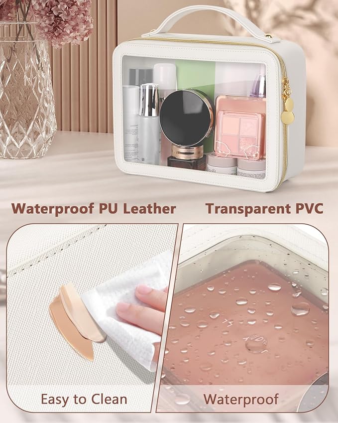 Clear Makeup Bag, Portable Travel Cosmetic Bags, Multipurpose Leather Toiletry Bag with Zipper, Waterproof Transparent Cosmetic Organizer for Women, Large, Beige