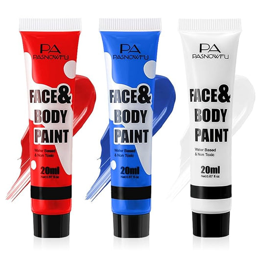 Red White Blue Face Paint - Professional Water-Based Non-Toxic Face Body Painting Kit for Devil Clown Makeup,American Flag Color Body Paint for Halloween Cosplay Costume, Sports Event