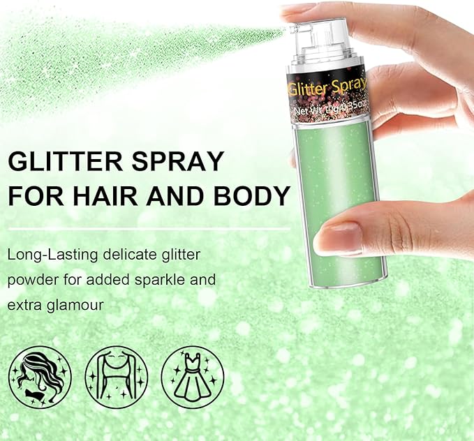 Hair and Body Glitter Spray, 1PC Green Glitter Hairspray Dry Powder Makeup for Clothes, Festival Rave Prom Loose Sparkle Powder,Holographic Ultra Fine Resin Glitters for Crafts (Green)