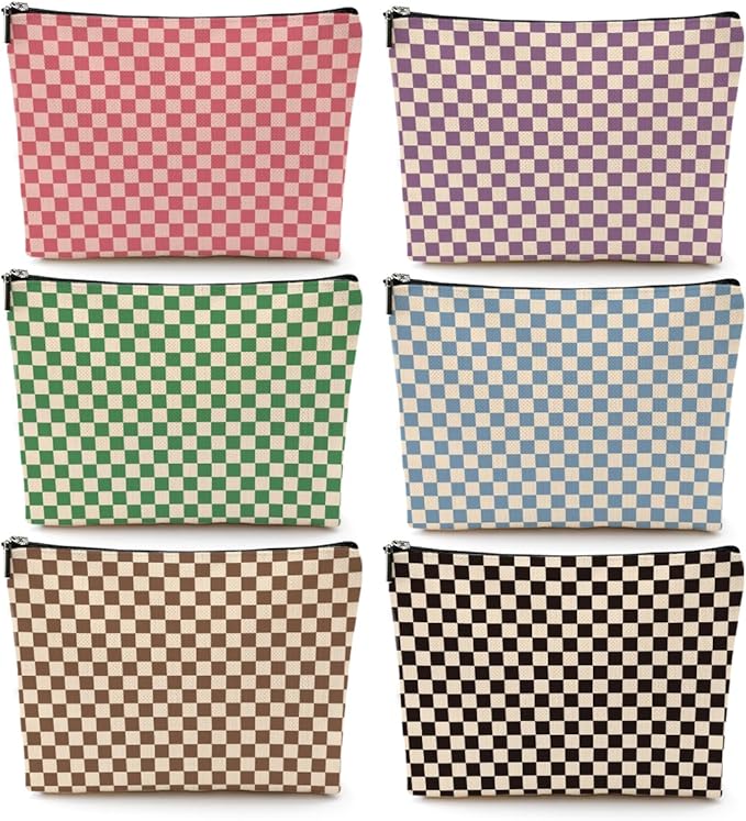 6 Pcs Checkered Makeup Bags Make up Bag Cosmetic Bags for Women Girls Sister Bridesmaid Friendship Christmas Birthday Travel Toiletry Bag Aesthetic Zipper Organizer Accessories, Cute Retro Plaid