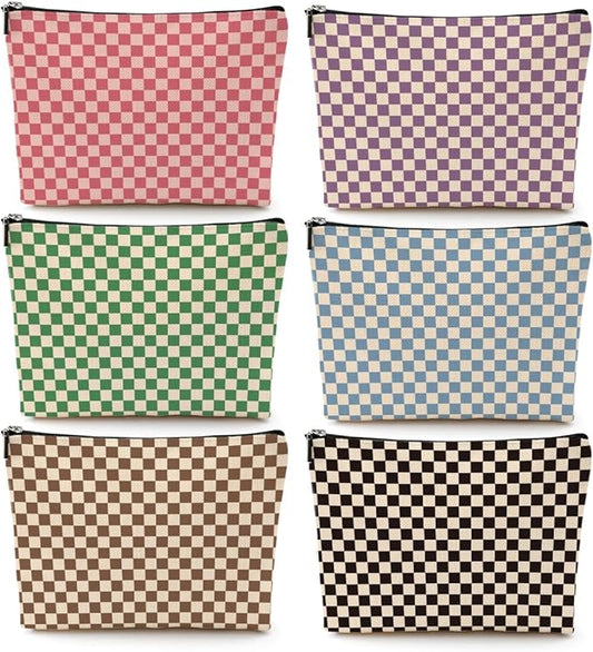 6 Pcs Checkered Makeup Bags Make up Bag Cosmetic Bags for Women Girls Sister Bridesmaid Friendship Christmas Birthday Travel Toiletry Bag Aesthetic Zipper Organizer Accessories, Cute Retro Plaid