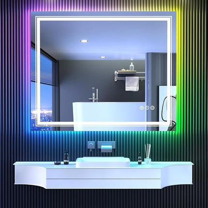 LED Mirror for Bathroom, 48"X40" with 8 RGB Backlit +3 Front Lit (Adjustable Individually), Anti-Fog, Large Lighted Bathroom Vanity Mirror for Wall,Shatterproof,Memory Function,Tempered Glass