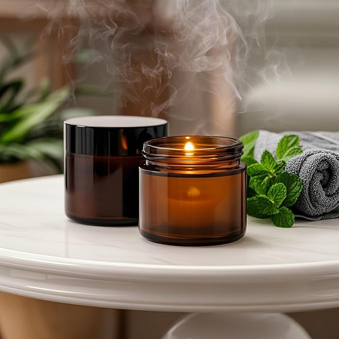 35 Pack 2 oz Amber Round Glass Jars with Black Lids - Portable Empty Glass Containers with Inner Liners for Cosmetic, Body Butters, Body Butter, Candle Jars