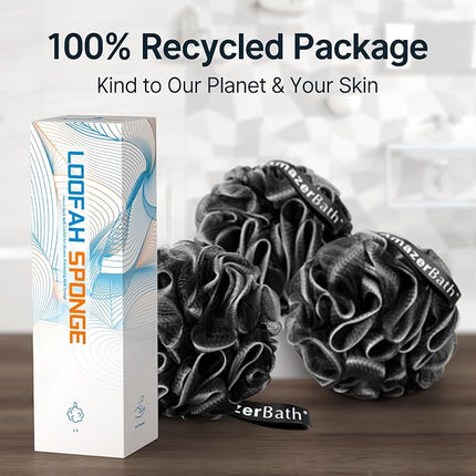 AmazerBath Loofah Sponge, Shower Loofah for Men and Women - Body Scrubber Loofa Set of 3 Classic Black & White Edge, Bath Sponge 60g/PCS