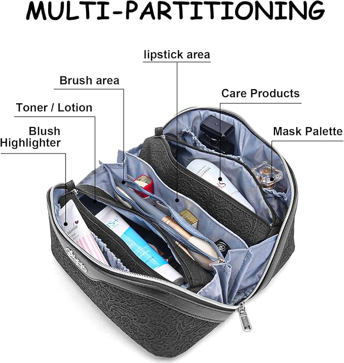 BOYATU Travel Makeup Bags for Women: Vegan Leather Cosmetic Bag Set of 3 - Large Capacity Make up Bag with Divider - Wide Open Waterproof Toiletry Organizer Bag with Handle (L12-Black)