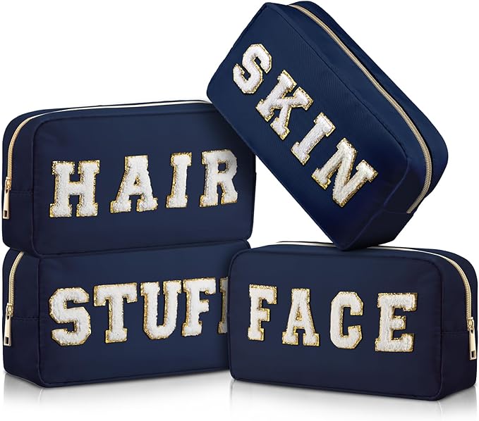 Cunno 4 Pcs Preppy Makeup Bags Chenille Letter Stuff Bag Nylon Cosmetic Pouch Cases with Zipper for Women Travel Toiletry