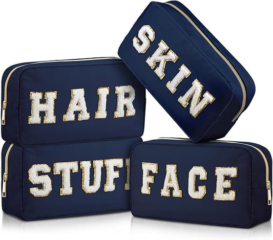 Cunno 4 Pcs Preppy Makeup Bags Chenille Letter Stuff Bag Nylon Cosmetic Pouch Cases with Zipper for Women Travel Toiletry