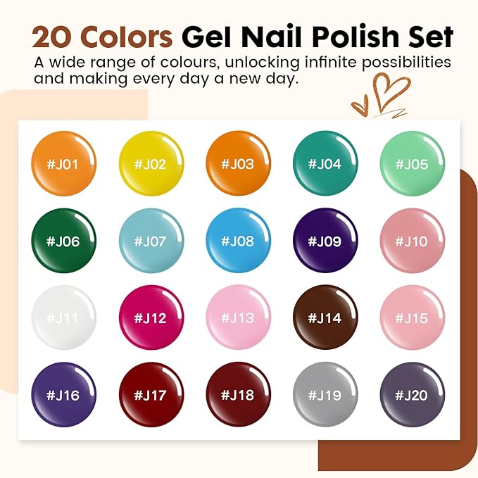 JEWHITENY 23 PCS Gel Nail Polish Set 20 Color Jelly-like Nail Polish Suitable for Salon and Home DIY Manicure