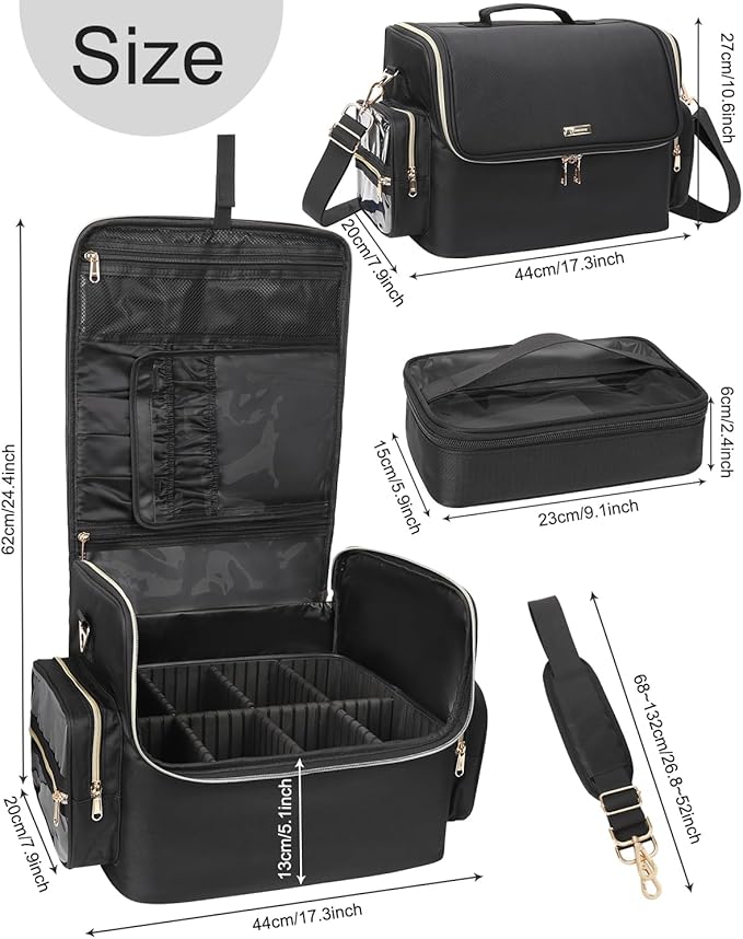 Extra Large Makeup Bag Makeup Artist Bag Professional Cosmetic Bag Travel Organizer Train Case with 4 Small Packet and Adjustable Dividers(Black, Extra Large)