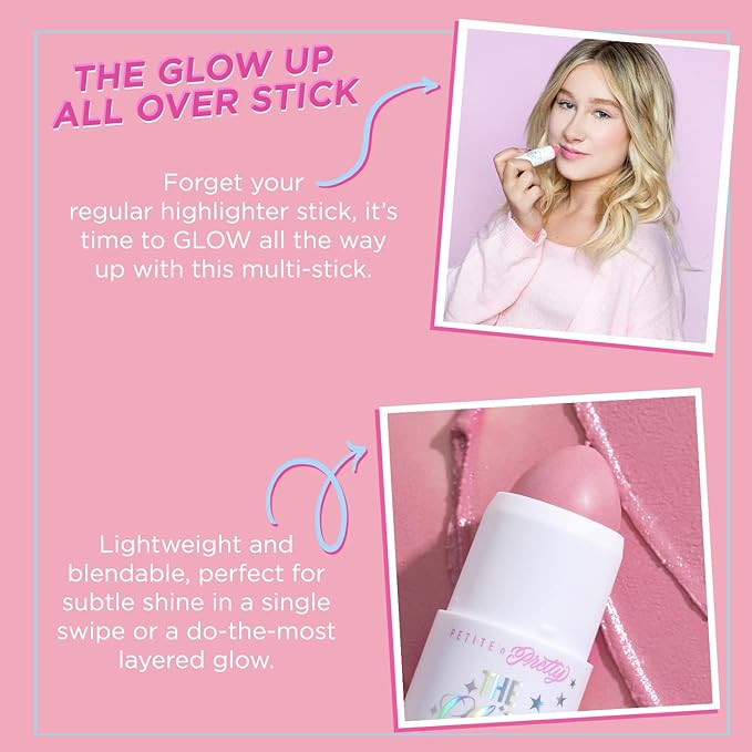 Petite N Pretty Glitter Makeup Set - Shimmering for Eyes, Cheeks, and Body - Glow Up Stick & All-Over Glitter in Pink Sherpa Bag for Kids, Teens, and Tweens (Pink)