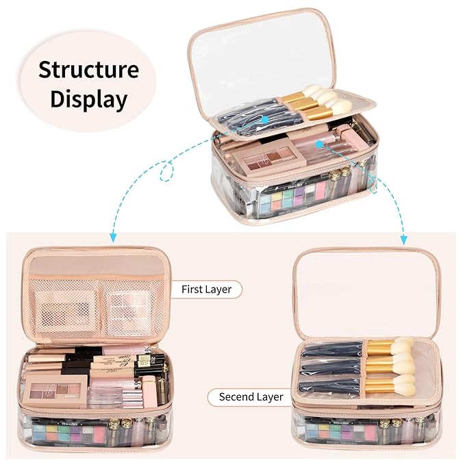 OCHEAL Clear Makeup Bag, Portable Makeup Organizer Cosmetic Bag, Large Travel Makeup Bag Cute Clear Pouch For Women and Girls Cosmetics Bags with Divider Makeup Brush Compartment-Rose Gold