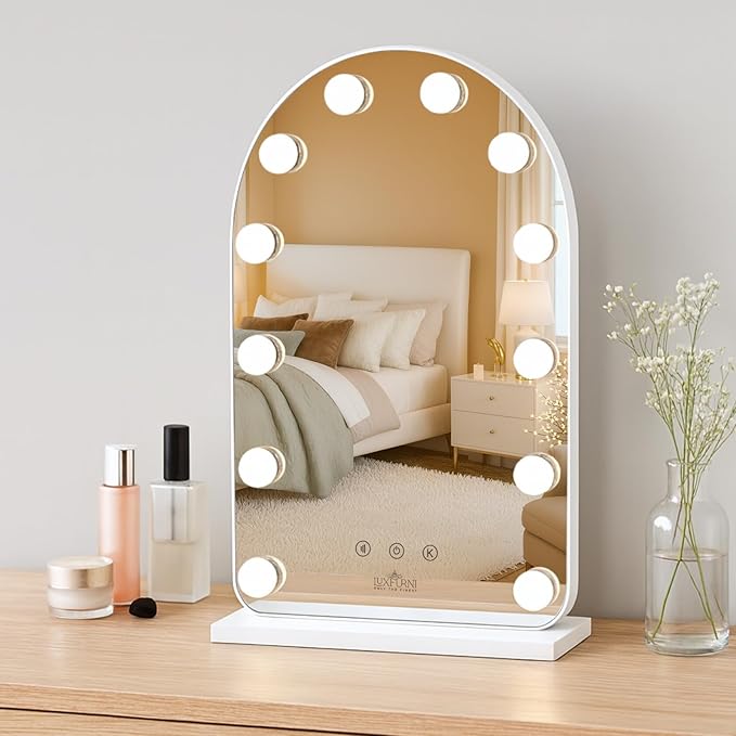 LUXFURNI Hollywood Mirror with Lights Makeup Mirror for Bedroom, Vanity Arched Mirror with 12 Dimmable Bulbs Smart Touch Control 3 Color Lighting Modes