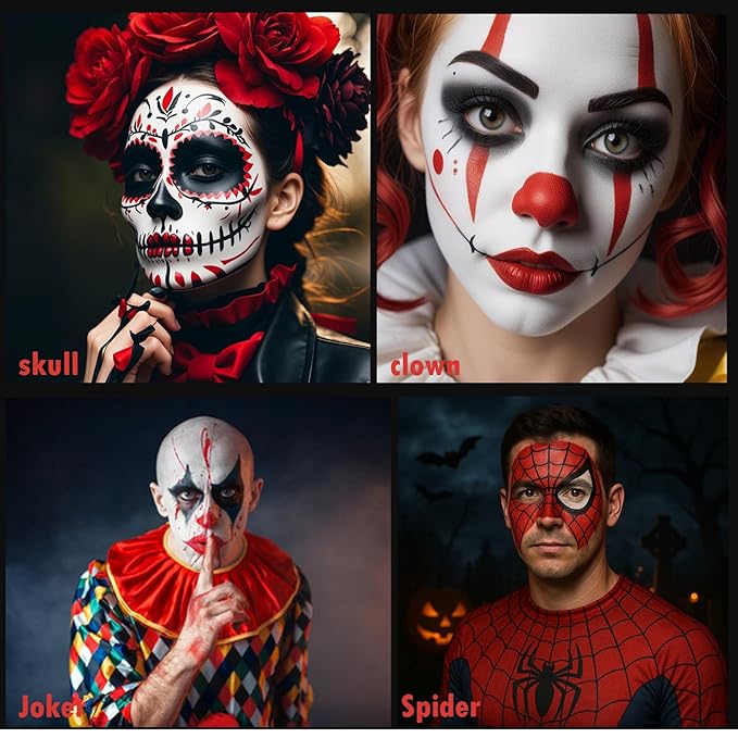 Black White Red Face Paint + 3PC Sponge + Brush,3 Colors Body Paint Halloween SFX Makeup Kit for Devil Goths Joker Clown Vampire Skeleton,Eye Black for Baseball/Softball/Football,21g